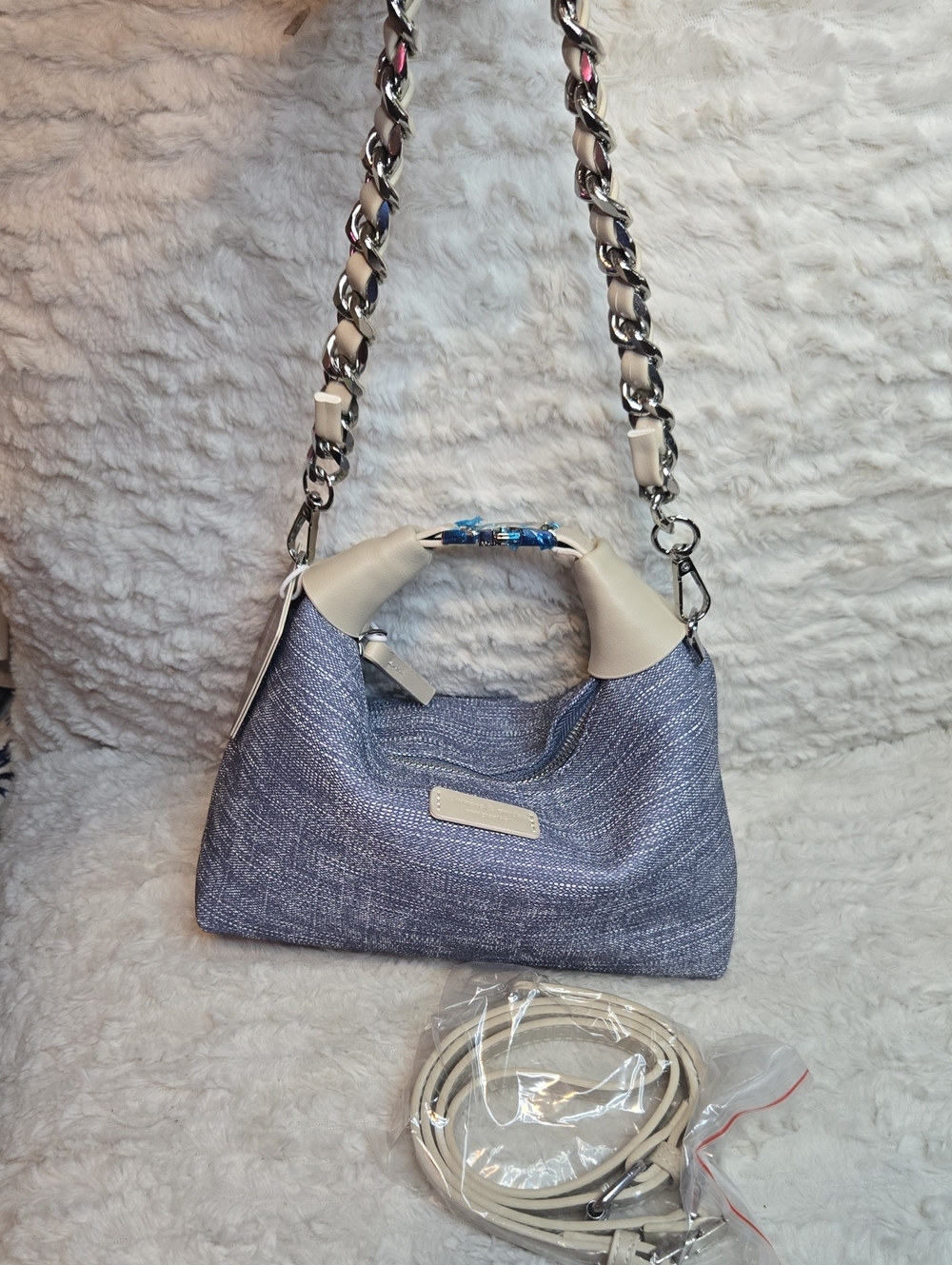 Textured Denim-Look Shoulder Bag with Cream Accents